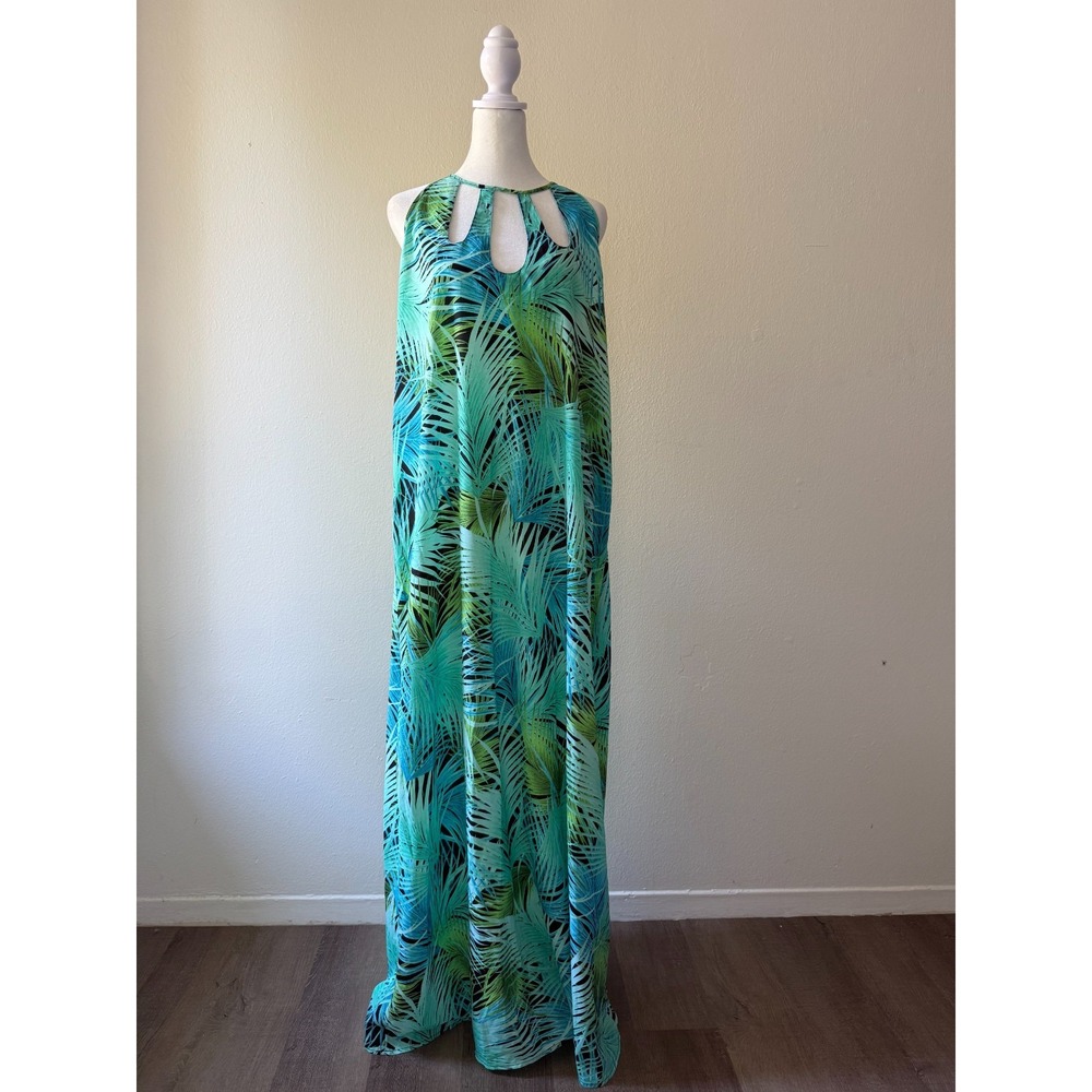Victoria's Secret Maxi Dress L Green Blue Palm Leaf Halter Open Back Beach Cover